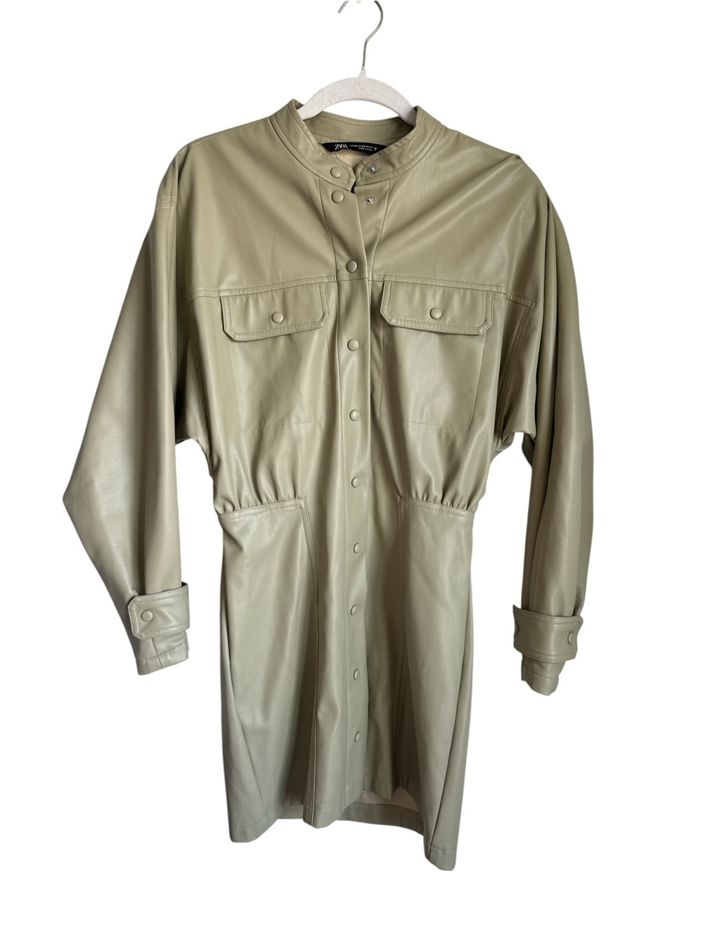 Zara Olive Faux-Leather Utility Long Sleeve Dress